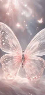 Shimmering butterfly with pastel hues in an ethereal dreamscape.