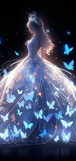 Elegant lady in a glowing butterfly dress surrounded by stars.