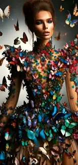 Woman in elegant butterfly dress with vibrant colors and artistic design.