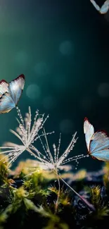 Butterflies perched on dewy dandelions with a green bokeh background.