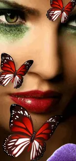 Vibrant face with red butterfly art for mobile wallpaper.