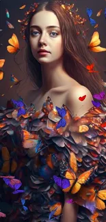 Elegant woman surrounded by butterflies, in a vivid fantasy art scene.