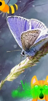 Light purple butterfly on stem with whimsical bee and cat graphics.