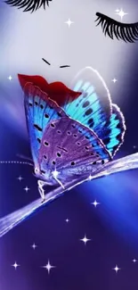 Blue butterfly on dreamy purple background with whimsical stars.