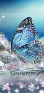 Shimmering butterfly with gemstones in a dreamy fantasy landscape.