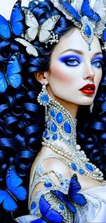 Fantasy woman with blue butterflies in her hair, elegant and artistic design.