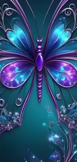 Elegant butterfly with vibrant blue and purple hues against a fantasy backdrop