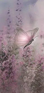 Elegant butterfly in lavender floral setting wallpaper.