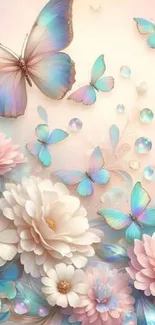 Pastel butterfly and floral design with elegant blossoms for mobile wallpaper.