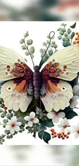 Elegant butterfly with floral backdrop in soft pastel hues.