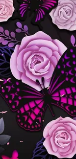 Magenta butterfly on pink roses with dark background wallpaper.