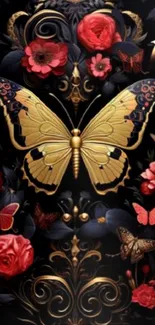 Golden butterfly with red roses on black.