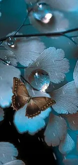 Mobile wallpaper with butterfly, teal flowers, and dew drops in an elegant setting.