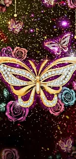 Golden butterfly with floral accents on a luxurious phone wallpaper.