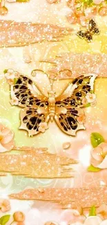 Elegant butterfly with peach flowers wallpaper design.