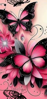 Elegant butterfly and floral design with pink and black accents.
