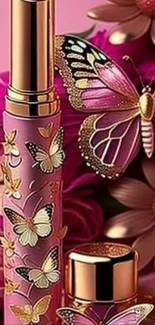 Elegant floral wallpaper with butterflies in pink hues.
