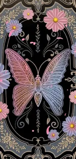 Elegant butterfly with pink flowers on black background.