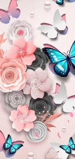 Mobile wallpaper with blue butterflies and pastel flowers.