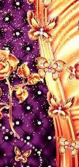 Golden butterflies and roses on a vibrant purple and gold background, mobile wallpaper.