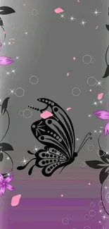 Elegant gray and purple butterfly floral wallpaper with a black butterfly design.