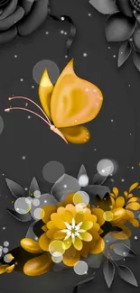 Elegant wallpaper with yellow butterfly and floral design on black.