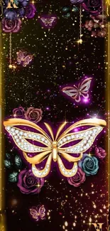Luxurious wallpaper with butterflies and flowers adorned with gemstones.