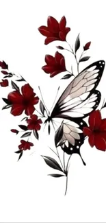 Black and white butterfly with red flowers on white background.