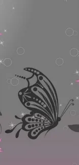 Elegant butterfly and pink floral mobile wallpaper on gray background.