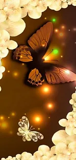 Elegant brown butterfly with floral design on mobile wallpaper.