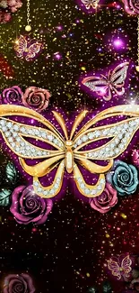 Gold butterfly with colorful floral background wallpaper.