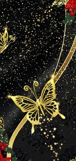 Elegant wallpaper with golden butterflies on a black floral background.