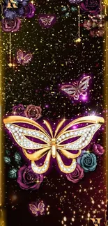 Jeweled butterfly and roses on black wallpaper.