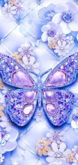 Elegant wallpaper with purple butterfly and flowers.