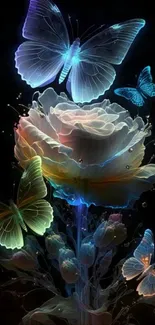 Glowing rose with butterflies wallpaper.