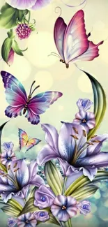 Elegant wallpaper with butterflies and flowers in vibrant colors.