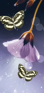 Butterflies fluttering around a purple flower on a mobile wallpaper.