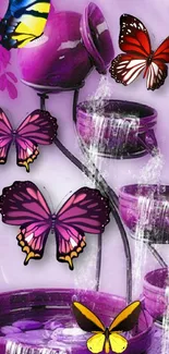 Purple butterfly fountain with cascading water and vibrant butterflies.