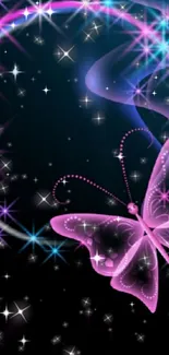 A neon pink butterfly in a starry galaxy background.