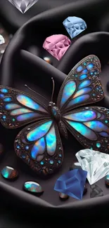 Intricate butterfly with jewels on a dark, luxurious background.