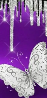 Sparkling butterfly on a purple background with silver glitter accents.