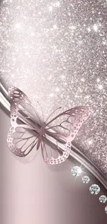 Elegant rose gold butterfly on glitter background with jewels.