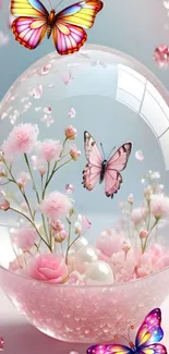 Elegant globe with butterflies and pink flowers inside for phone wallpaper.