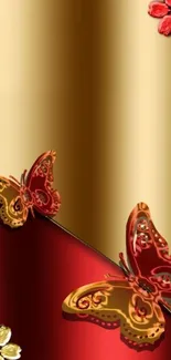 Elegant gold and red butterfly wallpaper design.