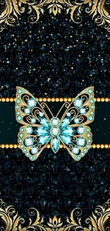 Golden butterfly with teal gems on ornate floral background.