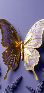 Golden butterfly with purple wings on lavender background.