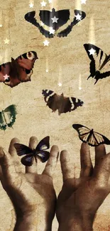 Elegant hands release colorful butterflies in vintage style wallpaper.