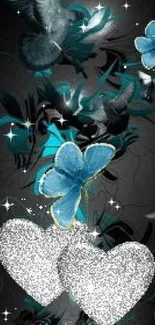 Dark wallpaper with blue butterflies and glittering hearts.