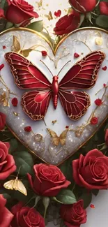 Red butterfly on heart with roses design.