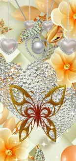 Elegant butterfly and heart design with orange florals.